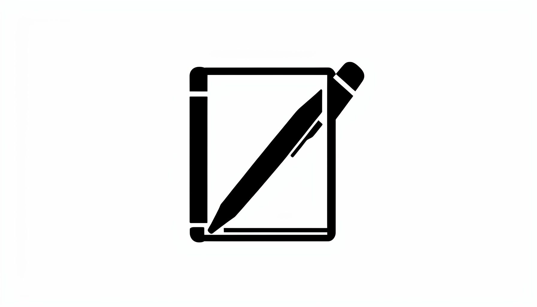 Düz vektör illüstrasyon: Beyaz zemin üzerine siyah mürekkeple çizilmiş bir kalem ve defter; temiz ve minimalist.
